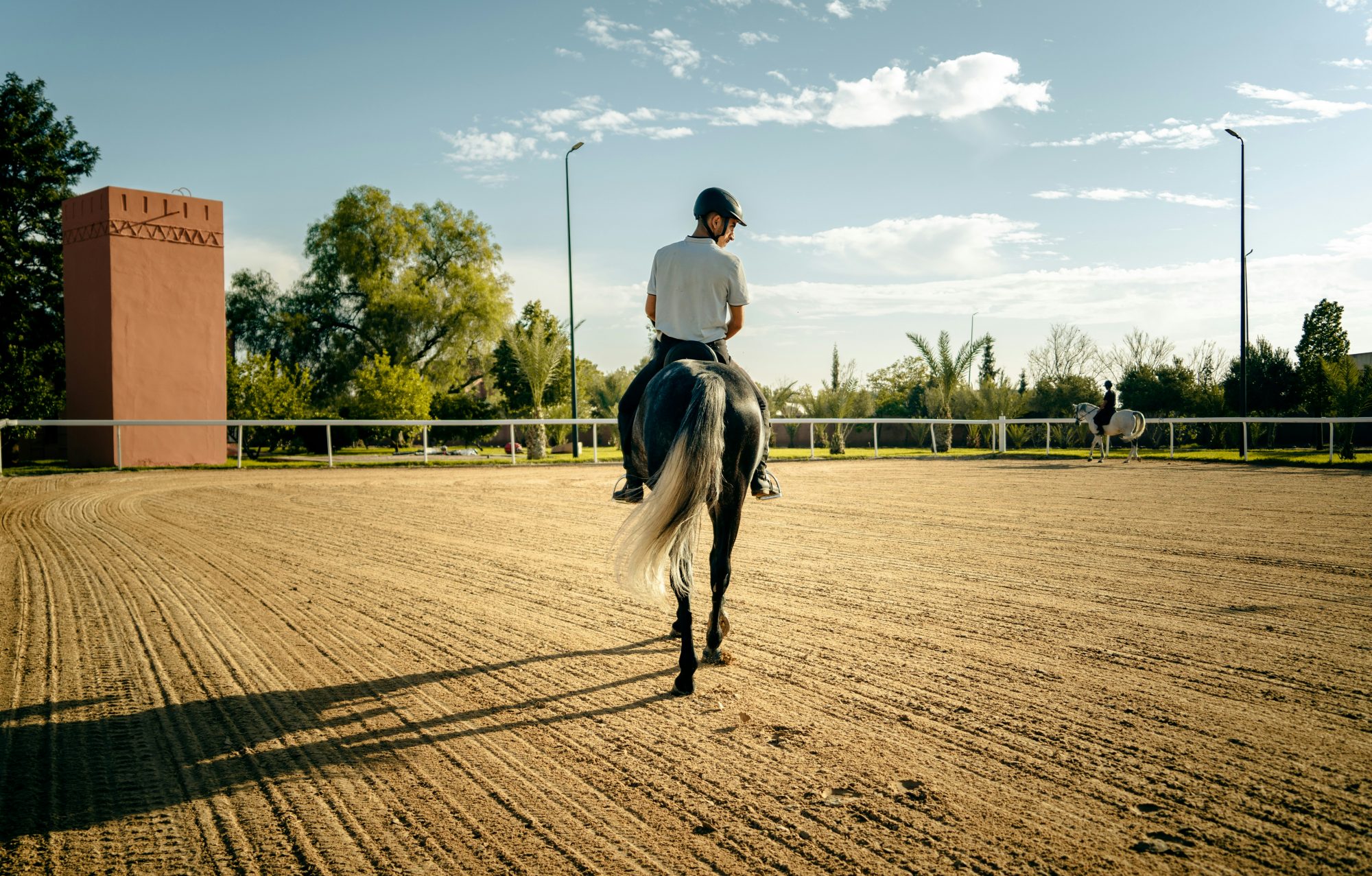 A rider practicing flatwork during an equestrian coaching session in a sand arena.