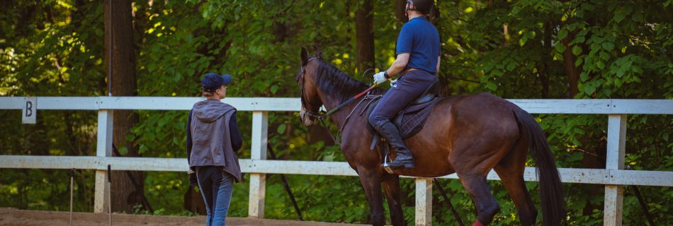 Equestrian coach working with a horse and rider during a professional riding lesson.