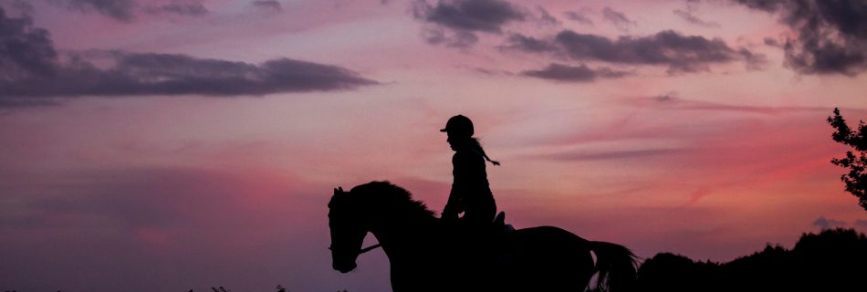 Silhouette of a rider against a deep sunset, representing mindset and confidence in the saddle.