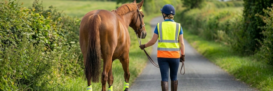 A handler wearing a riding helmet and hi-vis leads a chestnut horse down a quiet country road on a sunny summer day.